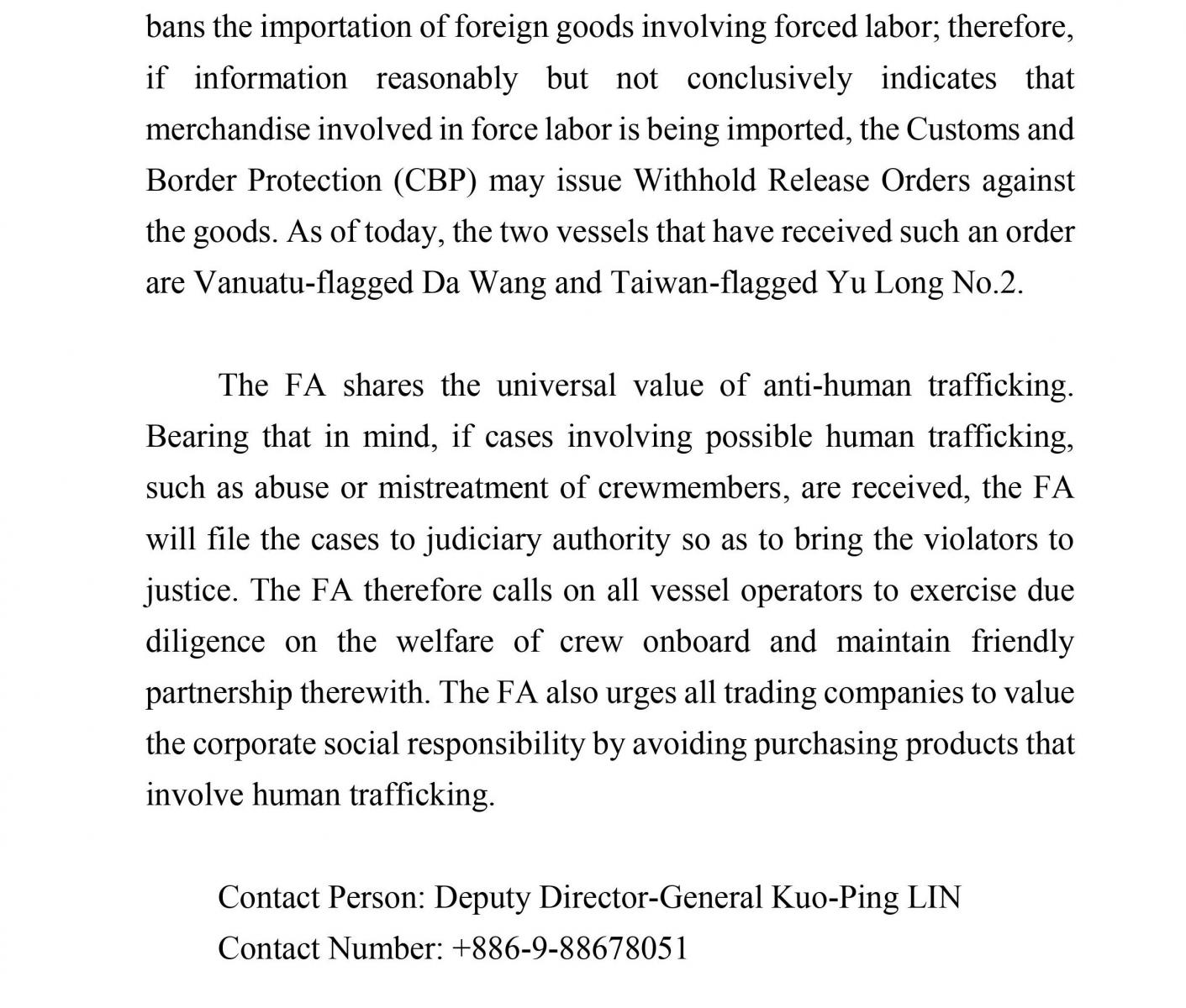 The Fisheries Agency Forwards Vanuatu-flagged Vessel Da Wang to the District Prosecutor’s Office in March for Likely Violating Human Trafficking Prevention Act